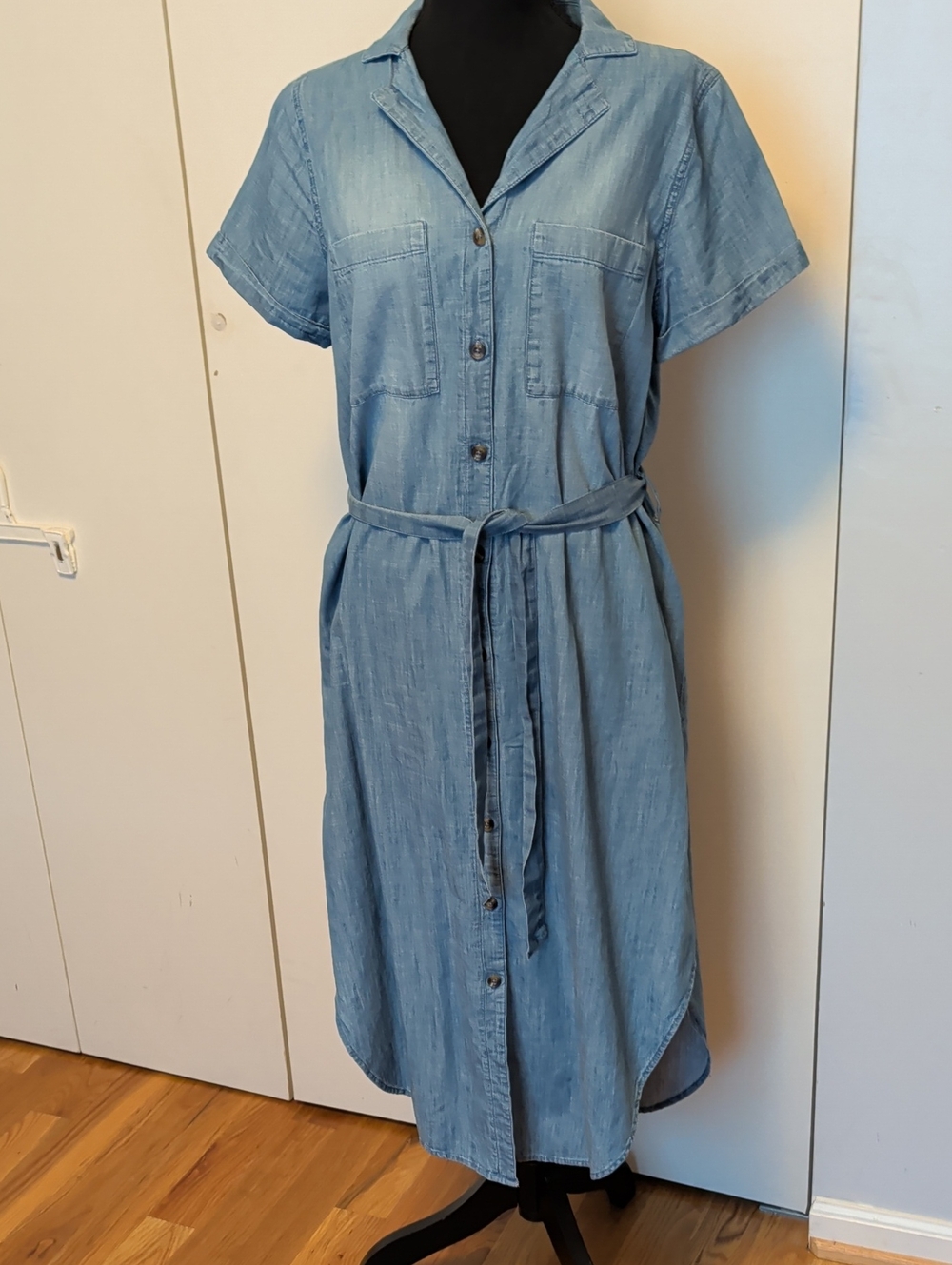 Sonoma Light Blue Chambray Midi Shirt Dress with Tie Belt